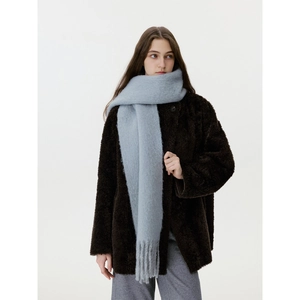 Light blue wool blend scarf with fringe edges and soft brushed texture for women