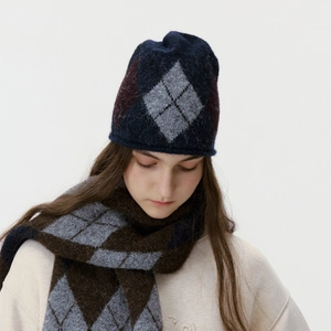 Korean Style Argyle Pattern Knit Beanie Hat And Scarf Set For Women Men Autumn Winter Warm Wool Blend Jacquard Cold Hat
