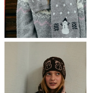Detail of wool blend scarf featuring festive knitted snowman and snowflake patterns