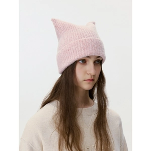 Pink knit wool blend cat ear beanie hat with ribbed texture for winter fashion