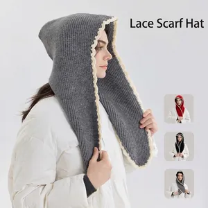 Women Winter Warm Knitted Hooded Scarf Balaclava With Scalloped Edge Polyester Windproof Wrap Beanie Hat Hood Shawl
