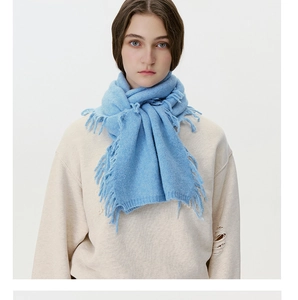 Detail of light blue wool blend scarf showing fringe texture and soft knit fabric