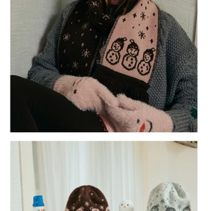 Detailed view of jacquard snowman patterns and fringe on winter wool knit scarf