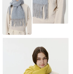Close-up of thick knit scarves with long tassels in light grey and bright yellow colors