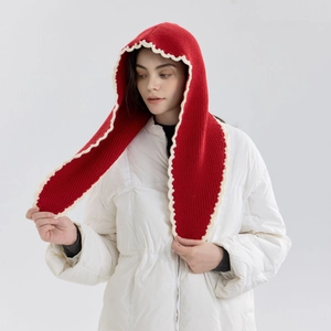 Winter knitted hooded scarf in red and white with ruffled trim and stylish neck tie design