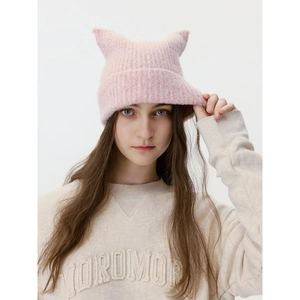 Cozy pink wool blend knit beanie for women featuring cute cat ears for autumn and winter