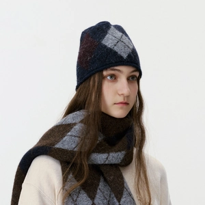 Knitted argyle beanie and scarf set in navy and grey for winter warmth