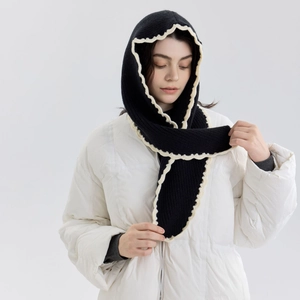 Knitted hooded scarf in black with white scalloped crochet trim for winter warmth