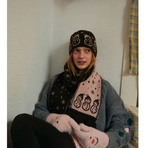 Detail of wool blend winter set featuring snowman pattern on knit scarf and faux fur gloves