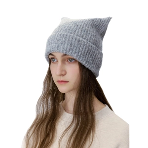 Chic grey wool blend knitted beanie with cute cat ears for women winter warmth