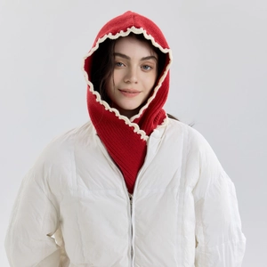Red knit balaclava hood with cream wavy trim details and a cozy winter tie-up design
