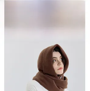 Detail of brown knitted balaclava hood with metal button closure and thick textured fabric