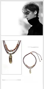Close-up of vintage metal leaf pendant with wooden beads and woven rope necklace detail