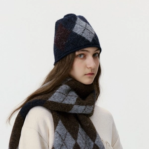 Winter set with diamond pattern knit beanie and matching scarf for warmth and style