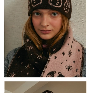 Close-up of the thick wool blend knit texture with snowman pattern on winter hat