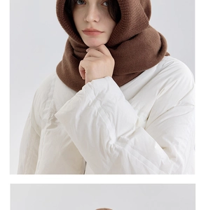 Detailed close-up of brown knitted balaclava neck warmer paired with white winter jacket