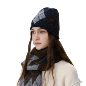 Winter diamond knit beanie and scarf set in navy blue and brown wool blend