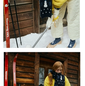 Detail of wool blend knit scarf and socks set with cartoon snowman pattern in winter scene