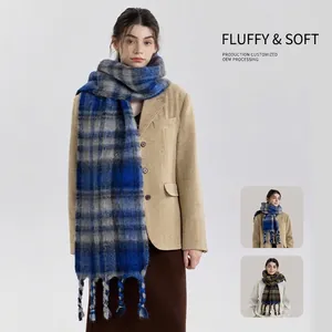 Vintage Plaid Wool Blend Scarf For Women Men Thick Soft Tassel Scarf Oversized Winter Warm Fringed Wrap Shawl Long Neck Warmer