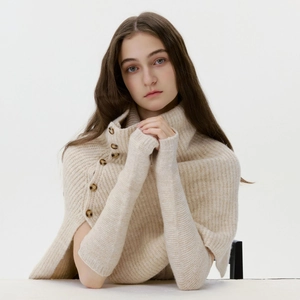 Beige knit shawl poncho with side buttons and matching long arm warmers set