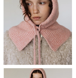 Detailed knit texture of pink Balaclava hood with adjustable drawstring for women