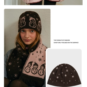Detail of wool blend beanie and scarf set featuring snowman jacquard and fine tassel edges