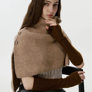 Knitted fingerless gloves and high neck cape set in brown tones for winter fashion