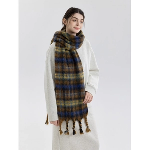 Thick warm plaid scarf with tassels in deep brown and navy blue for men and women