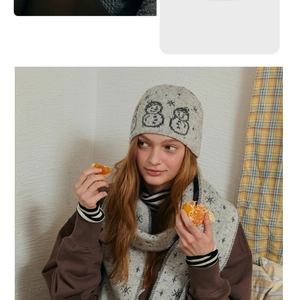 Detailed view of gray wool blend beanie and scarf set with snowman jacquard pattern