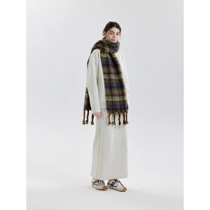 Plaid wool scarf with thick fringe paired with grey sweater for autumn winter fashion outfit