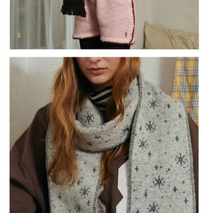 Detail of grey knitted scarf with snowflake patterns and pink textured knitwear