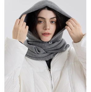 Detail of gray ribbed knit balaclava featuring a decorative crystal button on neck