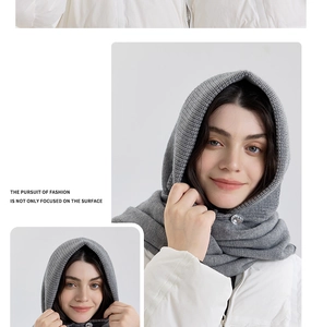 Detail of grey knitted balaclava hood featuring rib texture and crystal button accessory