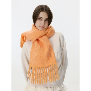 Elegant warm orange solid tassel scarf made of soft thick knit for autumn and winter