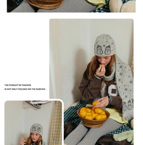 Detailed knit texture of wool blend beanie and scarf set with cute snowman patterns