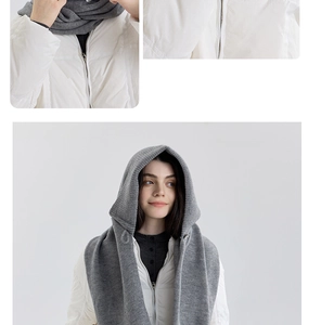 Detail of grey knitted balaclava with buttons showing thick wool texture and zipper