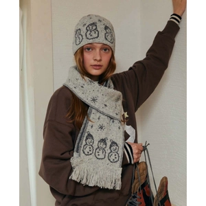 Wool Blend Knitted Snowman Scarf Tassel Jacquard Snowflake Polka Dot Warm Retro Long Scarf For Women Christmas Gift