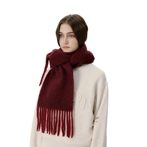 Classic deep burgundy knit scarf with long tassels for autumn and winter warmth