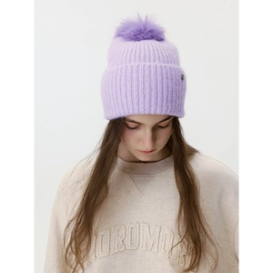 Stylish lavender knitted beanie with a large fur pompom for winter warmth and comfort