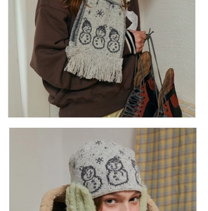 Detail of wool blend knitted set with cartoon snowman patterns and thick fringe tassels