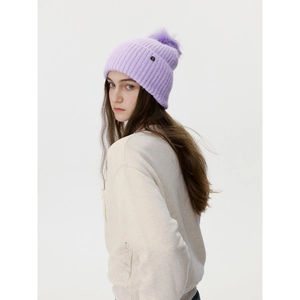 Stylish purple knit beanie for women with large fluffy pompom and ribbed texture