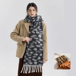Vintage Leopard Print Tassel Scarf Wool Blend Thick Warm Winter Shawl Wrap For Men Women Fashion Jacquard Neck Warmer