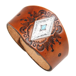 Bracelet ethnique en cuir de vachette avec incrustation turquoise et motif triangle vintage