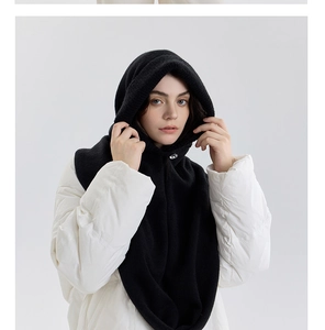 Detail of black knitted balaclava with transparent button closure for winter warmth