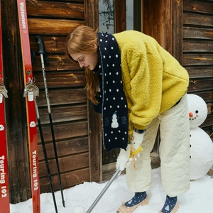 Winter cartoon snowman knit scarf with wool blend and bright yellow fleece jacket outfit