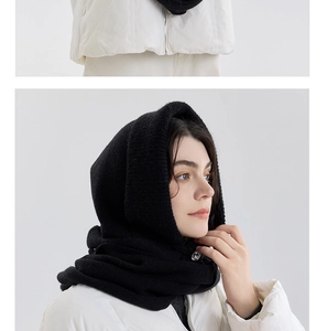 Close-up of thick black knitted balaclava neck warmer paired with a white down jacket