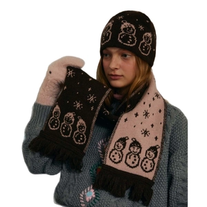 Winter knitted hat and scarf set with cute snowman pattern and fringe in brown and pink