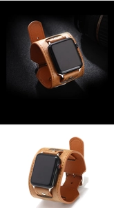 Detailed macro view of a brown wide leather cuff strap compatible with smartwatches