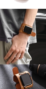Retro brown leather cuff watch strap with stitch detail for smartwatches in a macro view
