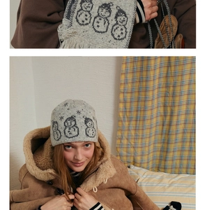 Detail of wool blend snowman jacquard knit hat and scarf set for winter warmth